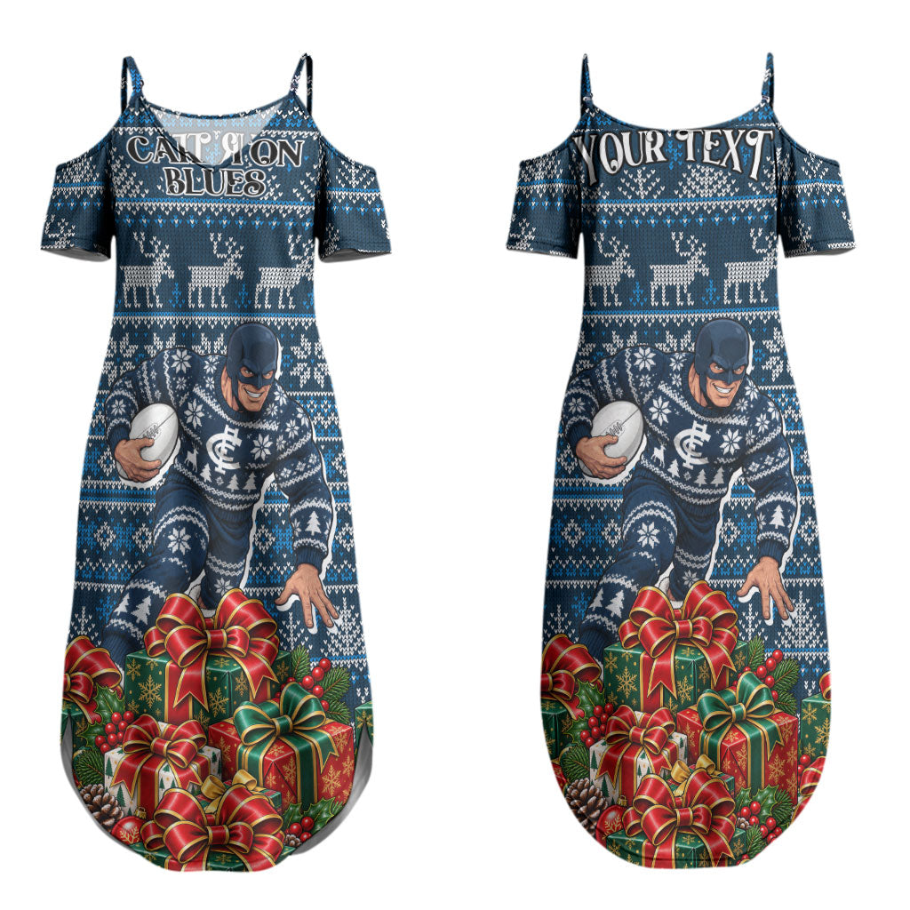 Personalized Carlton Blues Football Christmas Couples Matching Summer Maxi Dress and Hawaiian Shirt Australian Football Mascot - Ugly Xmas Pattern Festive