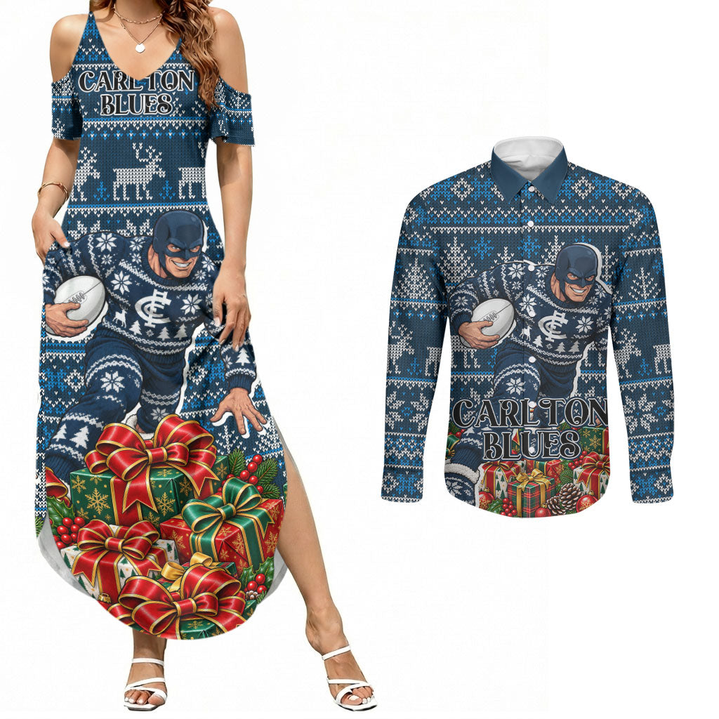 Personalized Carlton Blues Football Christmas Couples Matching Summer Maxi Dress and Long Sleeve Button Shirt Australian Football Mascot - Ugly Xmas Pattern Festive