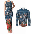 Personalized Carlton Blues Football Christmas Couples Matching Tank Maxi Dress and Long Sleeve Button Shirt Australian Football Mascot - Ugly Xmas Pattern Festive