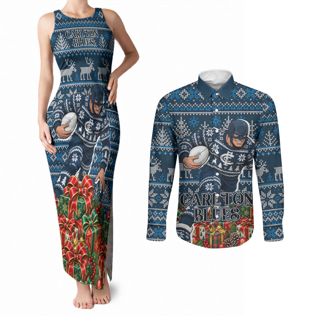 Personalized Carlton Blues Football Christmas Couples Matching Tank Maxi Dress and Long Sleeve Button Shirt Australian Football Mascot - Ugly Xmas Pattern Festive
