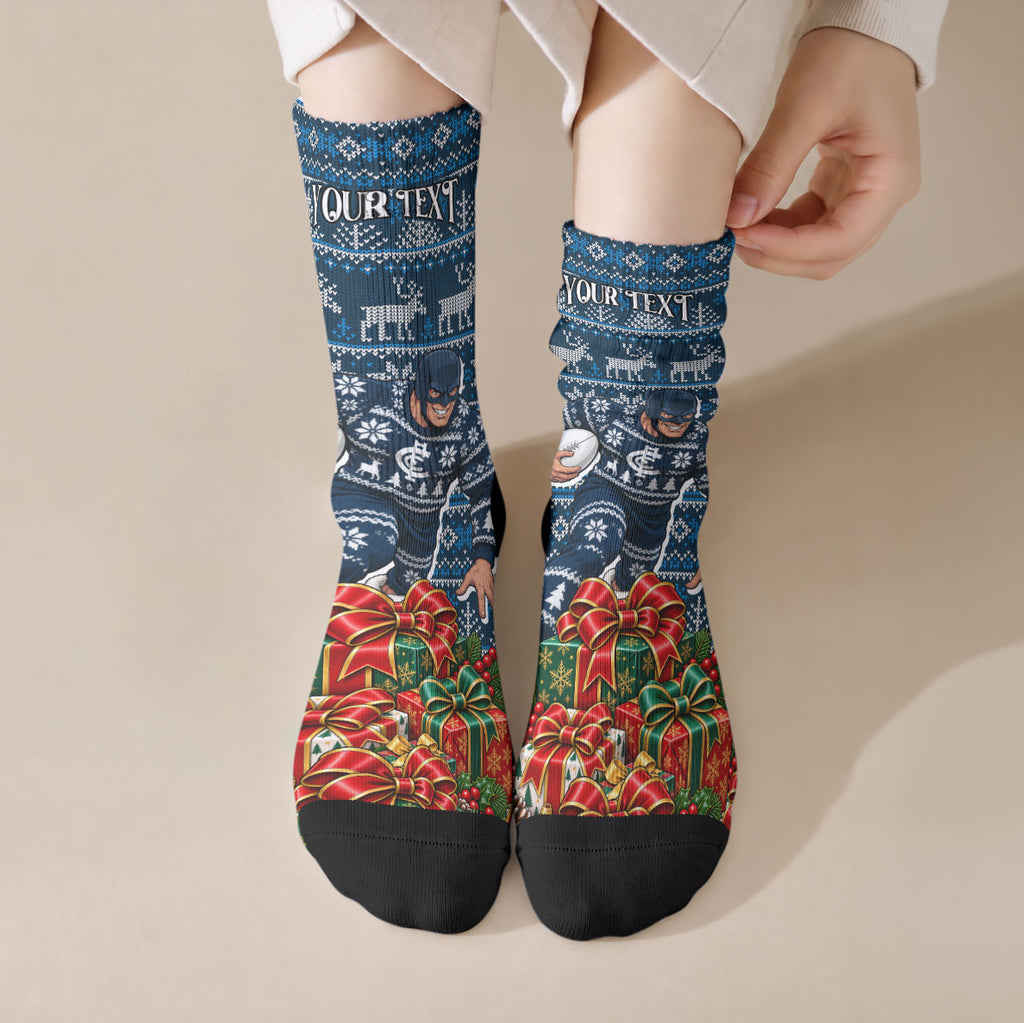 Personalized Carlton Blues Football Christmas Crew Socks Australian Football Mascot - Ugly Xmas Pattern Festive