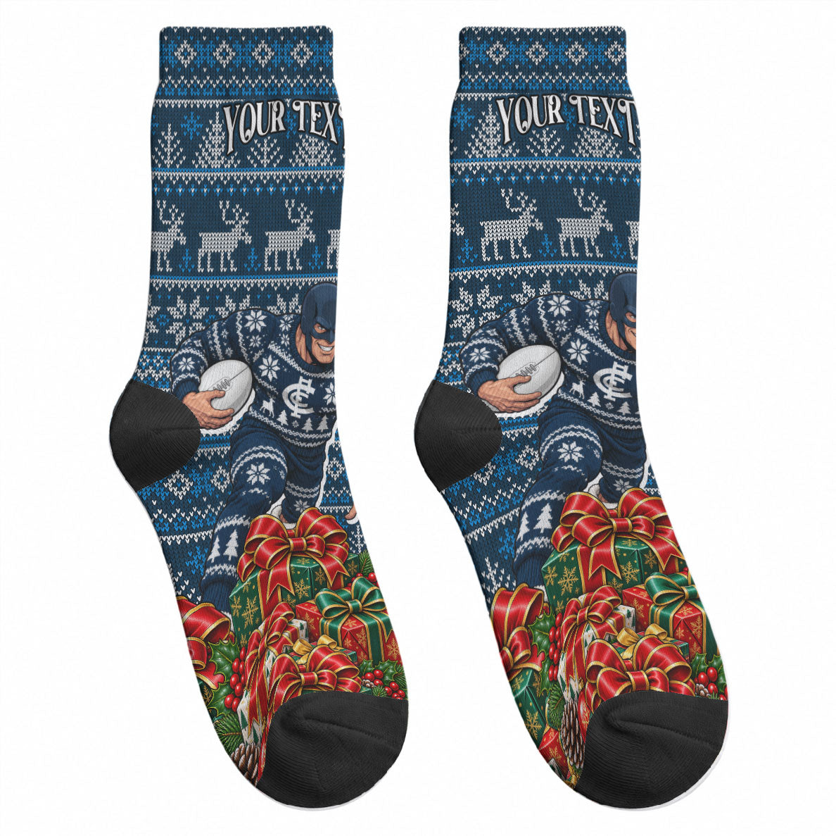 Personalized Carlton Blues Football Christmas Crew Socks Australian Football Mascot - Ugly Xmas Pattern Festive