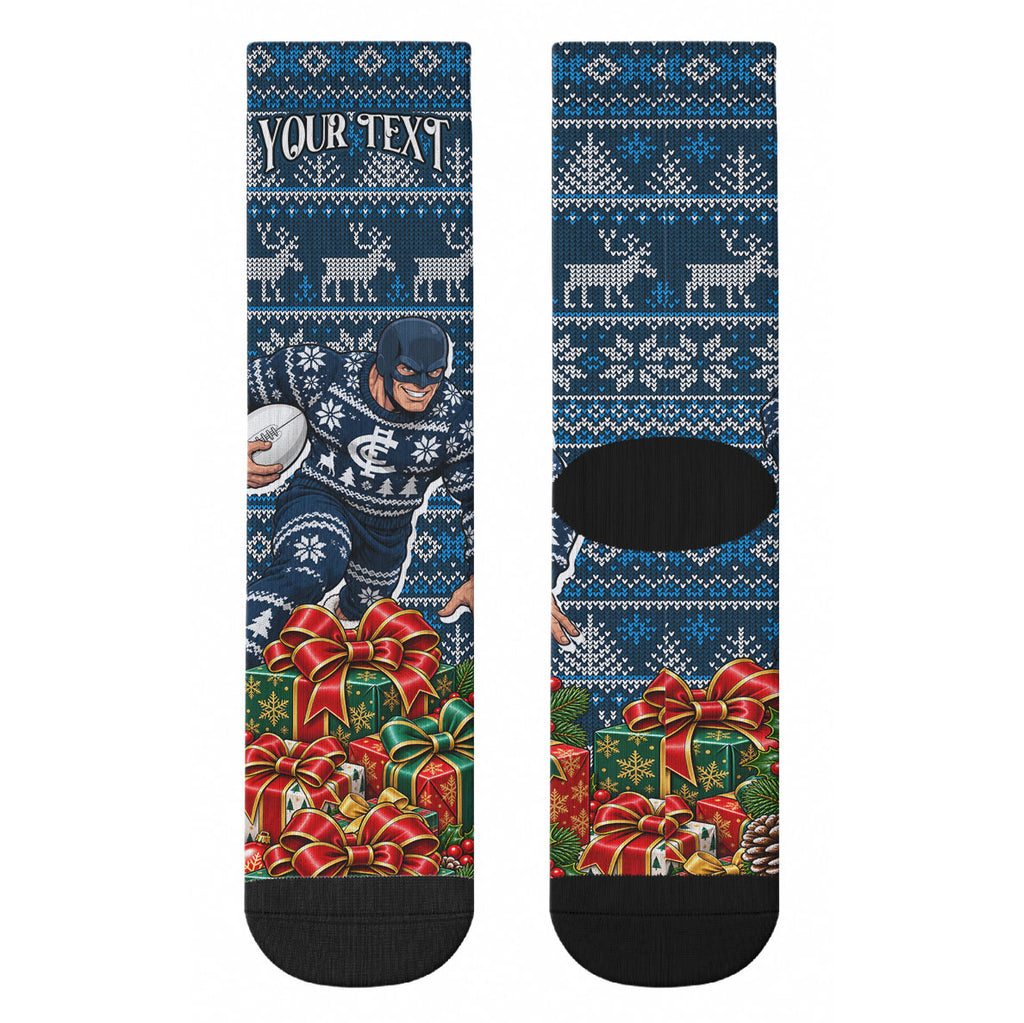 Personalized Carlton Blues Football Christmas Crew Socks Australian Football Mascot - Ugly Xmas Pattern Festive