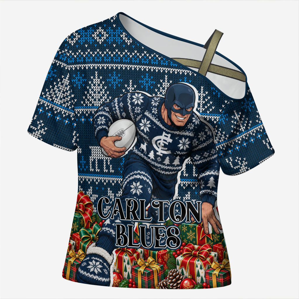 Personalized Carlton Blues Football Christmas Cross Shoulder Shirt Australian Football Mascot - Ugly Xmas Pattern Festive