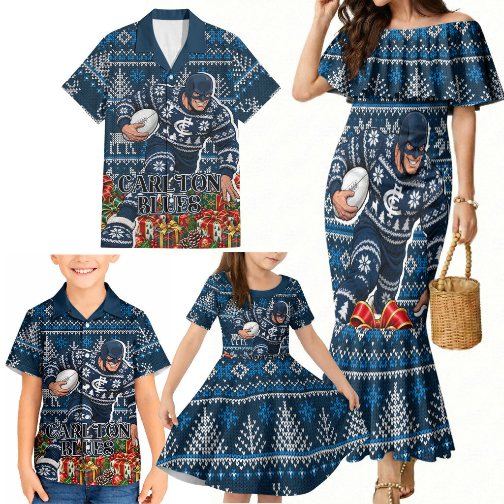 Personalized Carlton Blues Football Christmas Family Matching Mermaid Dress and Hawaiian Shirt Australian Football Mascot - Ugly Xmas Pattern Festive