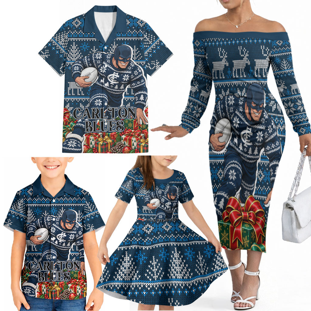 Personalized Carlton Blues Football Christmas Family Matching Off The Shoulder Long Sleeve Dress and Hawaiian Shirt Australian Football Mascot - Ugly Xmas Pattern Festive