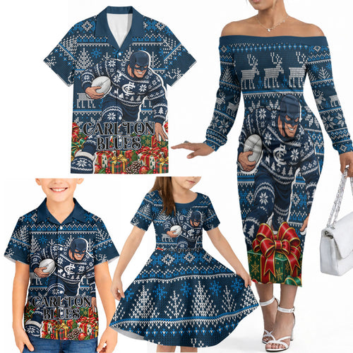 Personalized Carlton Blues Football Christmas Family Matching Off The Shoulder Long Sleeve Dress and Hawaiian Shirt Australian Football Mascot - Ugly Xmas Pattern Festive