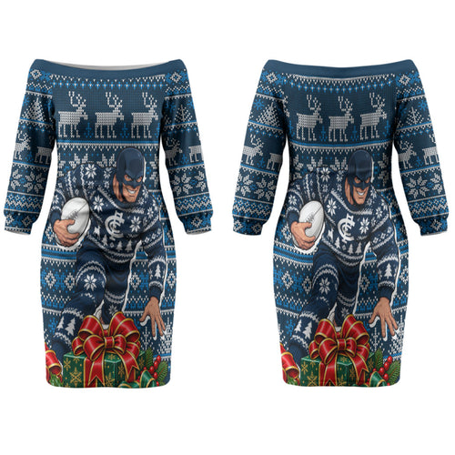 Personalized Carlton Blues Football Christmas Family Matching Off The Shoulder Long Sleeve Dress and Hawaiian Shirt Australian Football Mascot - Ugly Xmas Pattern Festive