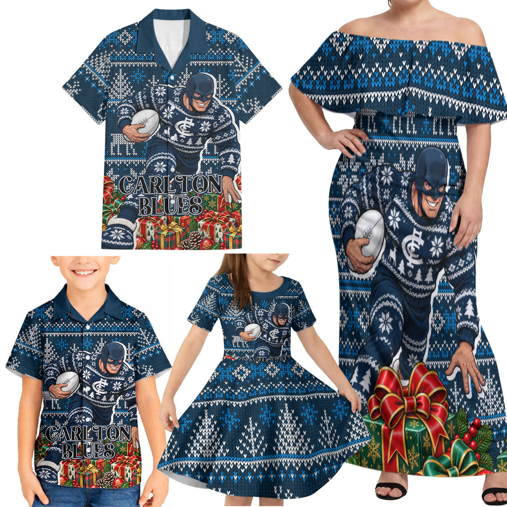 Personalized Carlton Blues Football Christmas Family Matching Off Shoulder Maxi Dress and Hawaiian Shirt Australian Football Mascot - Ugly Xmas Pattern Festive