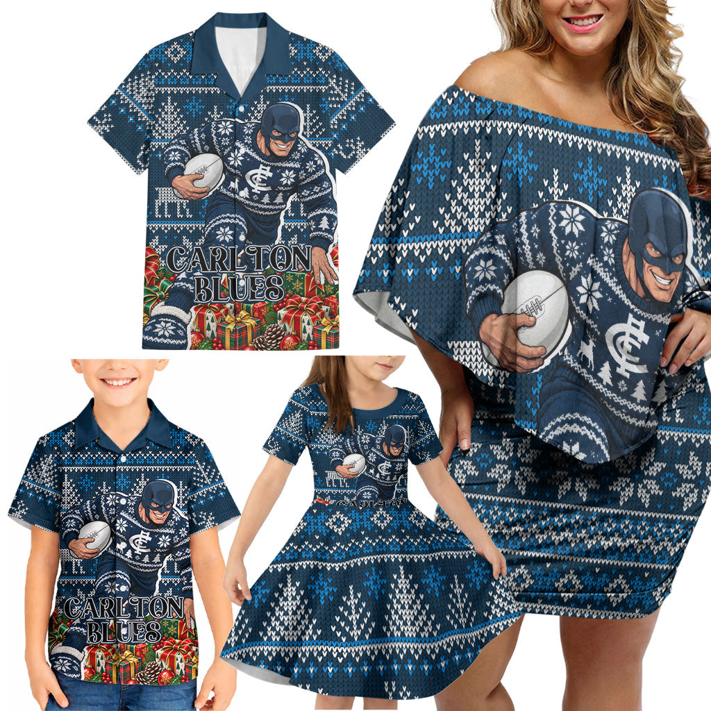Personalized Carlton Blues Football Christmas Family Matching Off Shoulder Short Dress and Hawaiian Shirt Australian Football Mascot - Ugly Xmas Pattern Festive