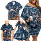 Personalized Carlton Blues Football Christmas Family Matching Off Shoulder Short Dress and Hawaiian Shirt Australian Football Mascot - Ugly Xmas Pattern Festive