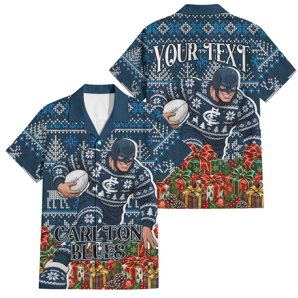 Personalized Carlton Blues Football Christmas Family Matching Off Shoulder Short Dress and Hawaiian Shirt Australian Football Mascot - Ugly Xmas Pattern Festive