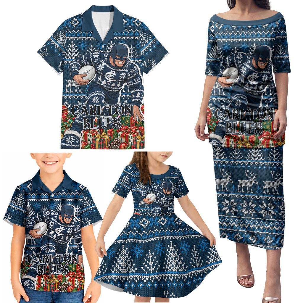 Personalized Carlton Blues Football Christmas Family Matching Puletasi and Hawaiian Shirt Australian Football Mascot - Ugly Xmas Pattern Festive