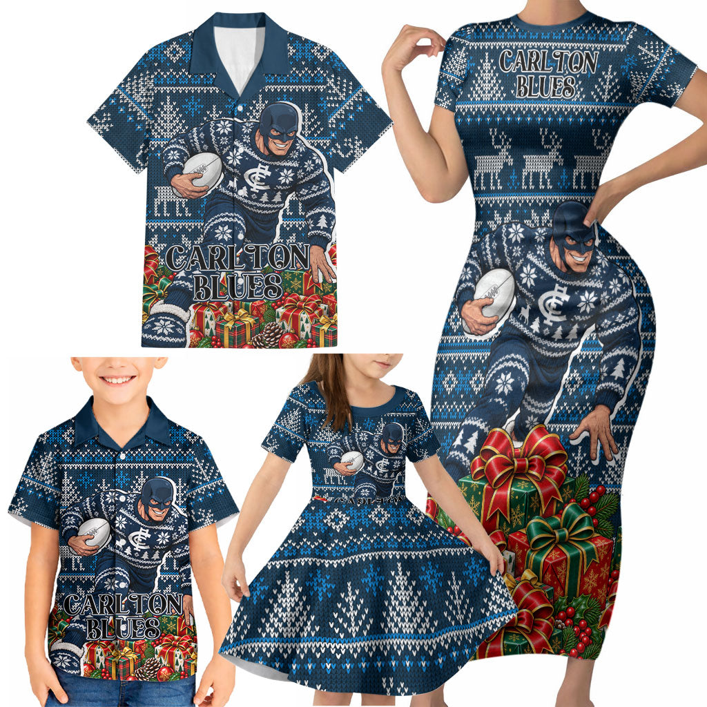Personalized Carlton Blues Football Christmas Family Matching Short Sleeve Bodycon Dress and Hawaiian Shirt Australian Football Mascot - Ugly Xmas Pattern Festive