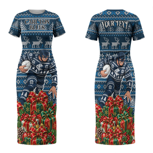 Personalized Carlton Blues Football Christmas Family Matching Short Sleeve Bodycon Dress and Hawaiian Shirt Australian Football Mascot - Ugly Xmas Pattern Festive
