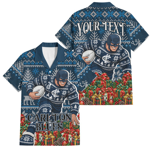 Personalized Carlton Blues Football Christmas Family Matching Short Sleeve Bodycon Dress and Hawaiian Shirt Australian Football Mascot - Ugly Xmas Pattern Festive