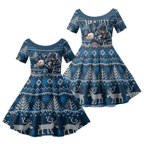Personalized Carlton Blues Football Christmas Family Matching Short Sleeve Bodycon Dress and Hawaiian Shirt Australian Football Mascot - Ugly Xmas Pattern Festive
