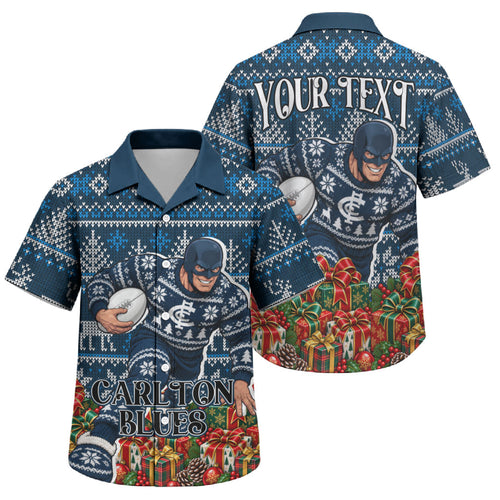 Personalized Carlton Blues Football Christmas Family Matching Short Sleeve Bodycon Dress and Hawaiian Shirt Australian Football Mascot - Ugly Xmas Pattern Festive