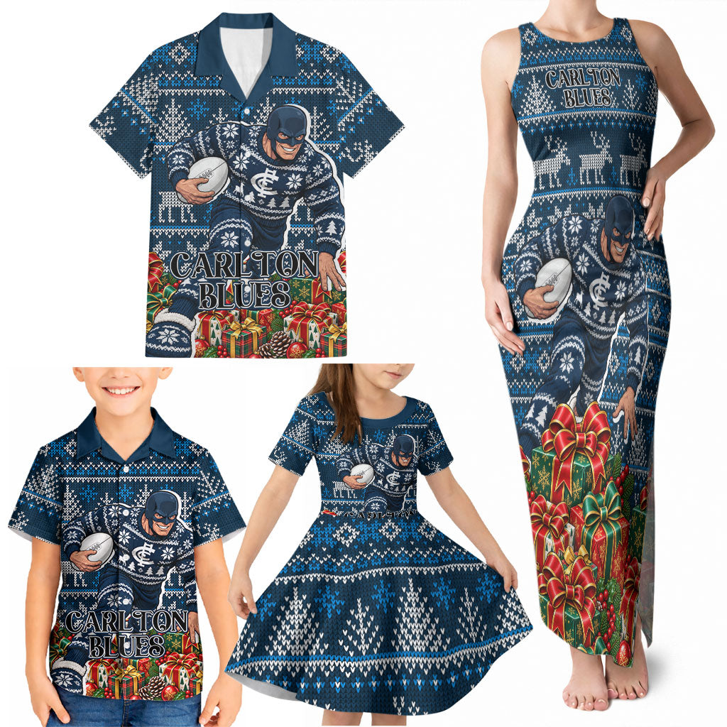 Personalized Carlton Blues Football Christmas Family Matching Tank Maxi Dress and Hawaiian Shirt Australian Football Mascot - Ugly Xmas Pattern Festive