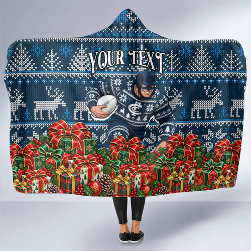 Personalized Carlton Blues Football Christmas Hooded Blanket Australian Football Mascot - Ugly Xmas Pattern Festive