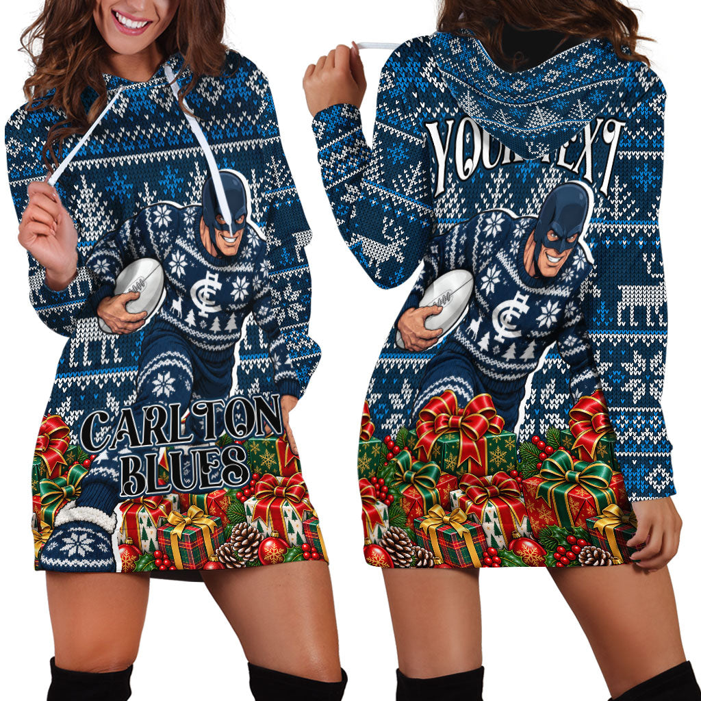 Personalized Carlton Blues Football Christmas Hoodie Dress Australian Football Mascot - Ugly Xmas Pattern Festive