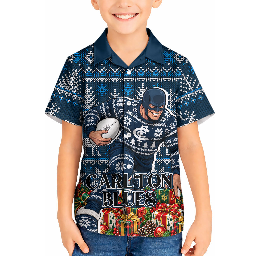 Personalized Carlton Blues Football Christmas Kid Hawaiian Shirt Australian Football Mascot - Ugly Xmas Pattern Festive