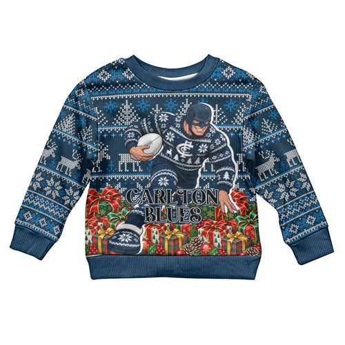 Personalized Carlton Blues Football Christmas Kid Ugly Christmas Sweater Australian Football Mascot - Ugly Xmas Pattern Festive