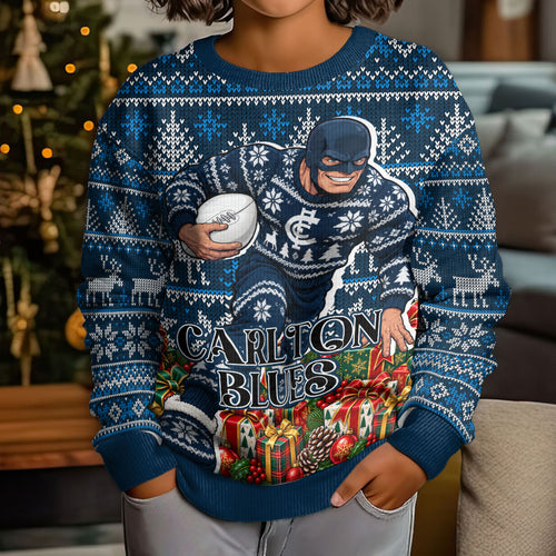 Personalized Carlton Blues Football Christmas Kid Ugly Christmas Sweater Australian Football Mascot - Ugly Xmas Pattern Festive