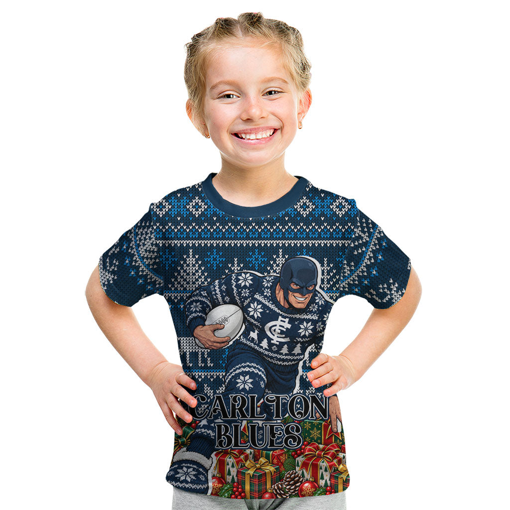 Personalized Carlton Blues Football Christmas Kid T Shirt Australian Football Mascot - Ugly Xmas Pattern Festive