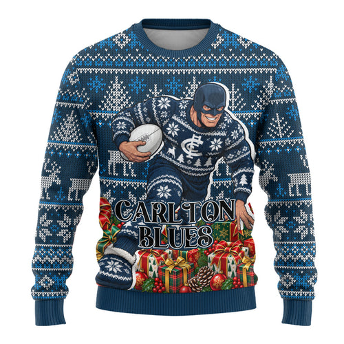 Personalized Carlton Blues Football Christmas Ugly Christmas Sweater Australian Football Mascot - Ugly Xmas Pattern Festive
