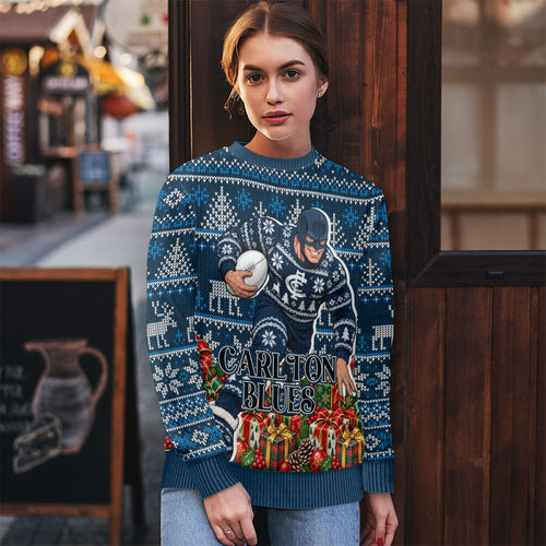 Personalized Carlton Blues Football Christmas Ugly Christmas Sweater Australian Football Mascot - Ugly Xmas Pattern Festive