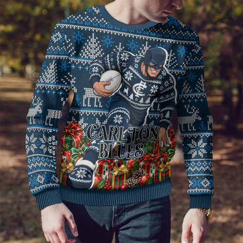Personalized Carlton Blues Football Christmas Ugly Christmas Sweater Australian Football Mascot - Ugly Xmas Pattern Festive
