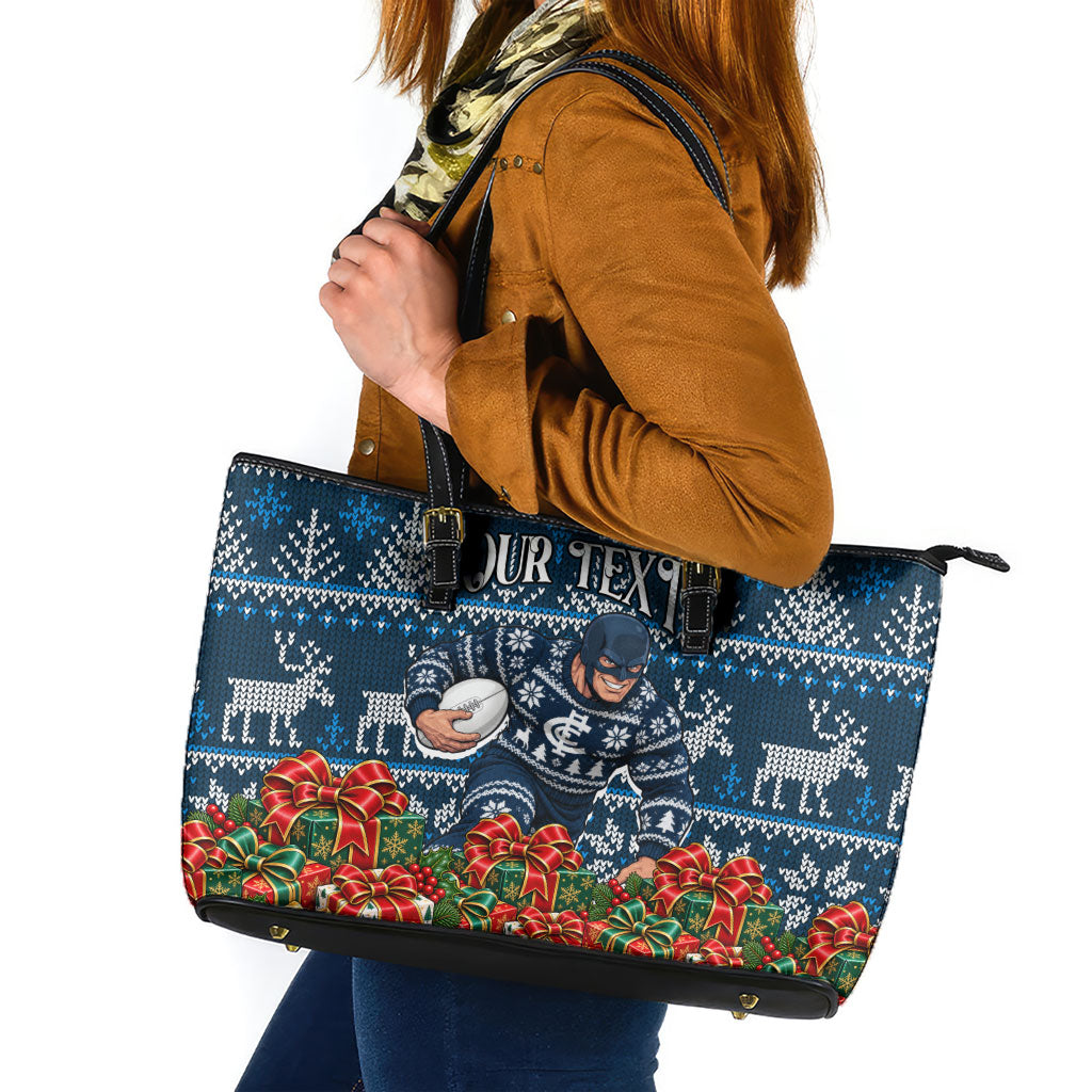 Personalized Carlton Blues Football Christmas Leather Tote Bag Australian Football Mascot - Ugly Xmas Pattern Festive