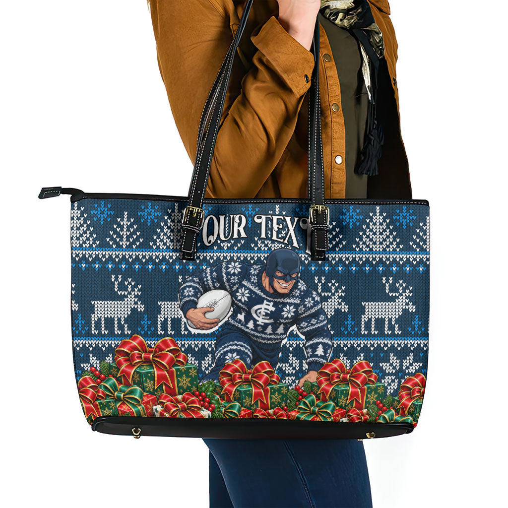 Personalized Carlton Blues Football Christmas Leather Tote Bag Australian Football Mascot - Ugly Xmas Pattern Festive