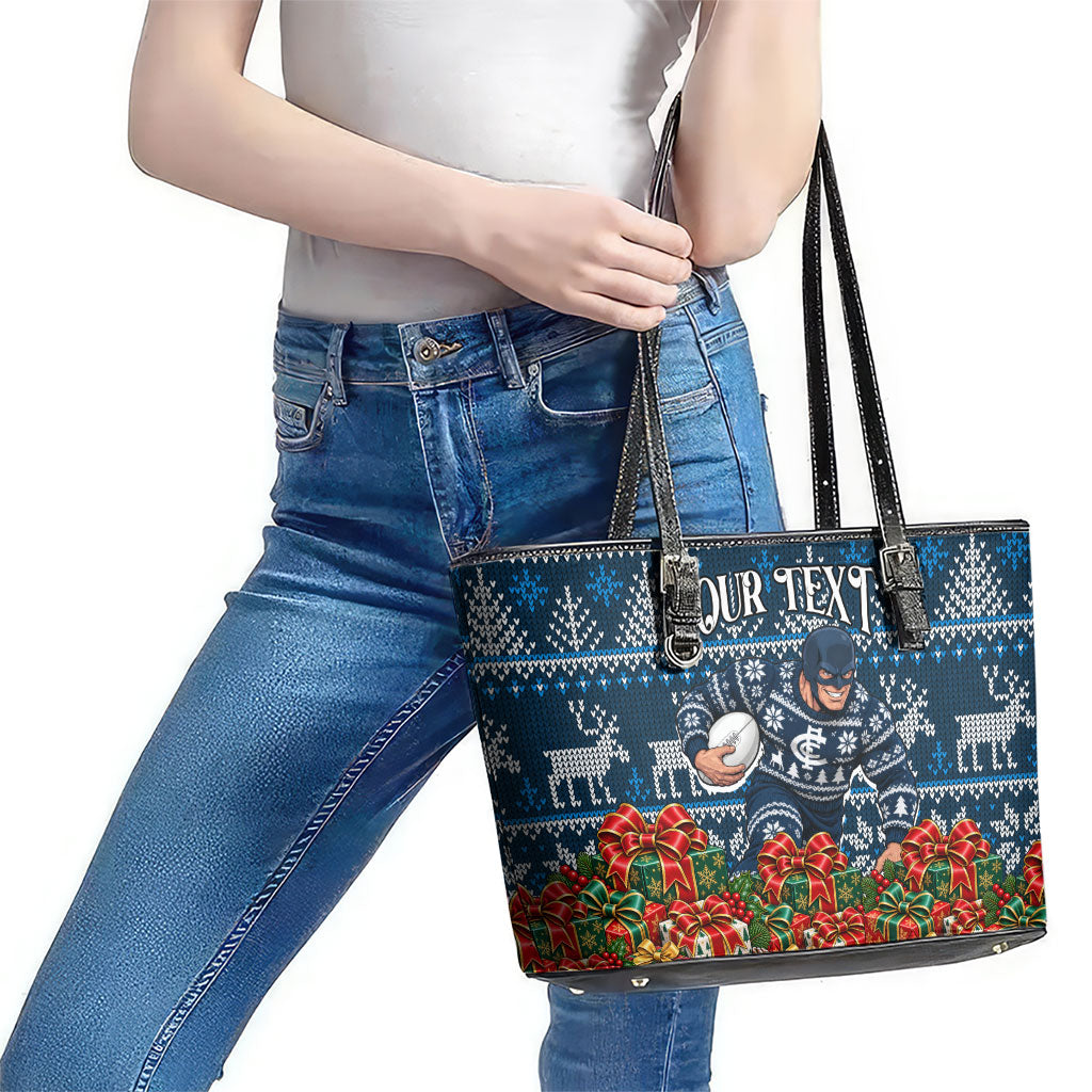 Personalized Carlton Blues Football Christmas Leather Tote Bag Australian Football Mascot - Ugly Xmas Pattern Festive
