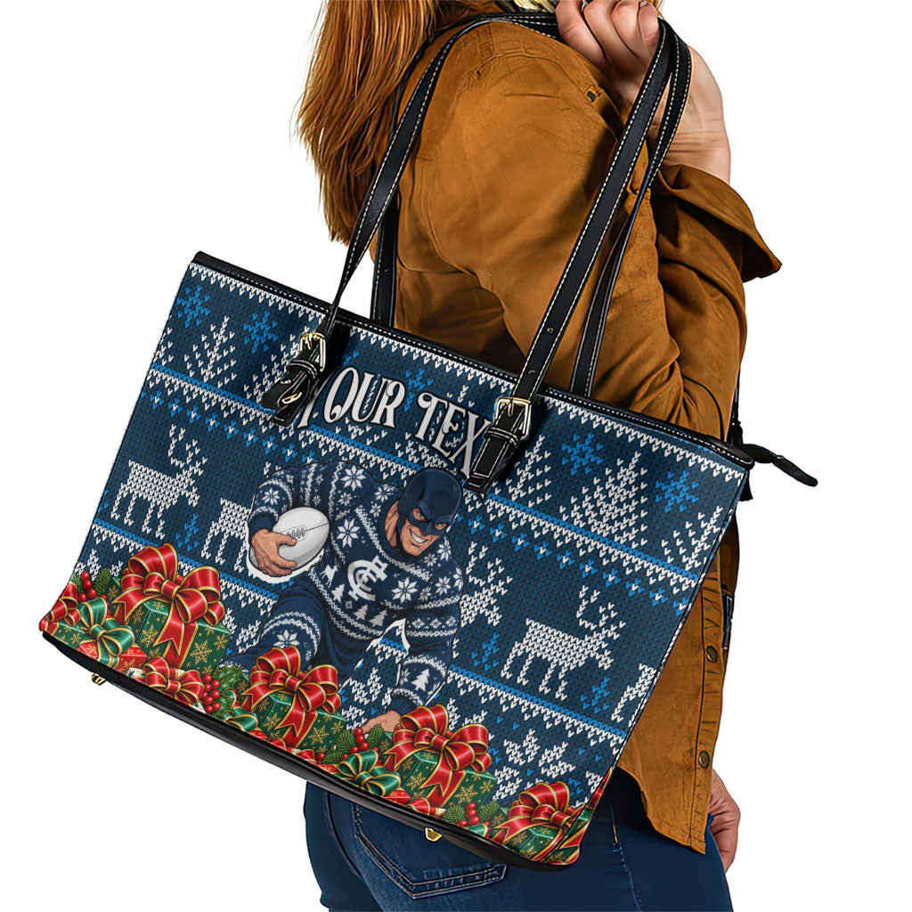 Personalized Carlton Blues Football Christmas Leather Tote Bag Australian Football Mascot - Ugly Xmas Pattern Festive