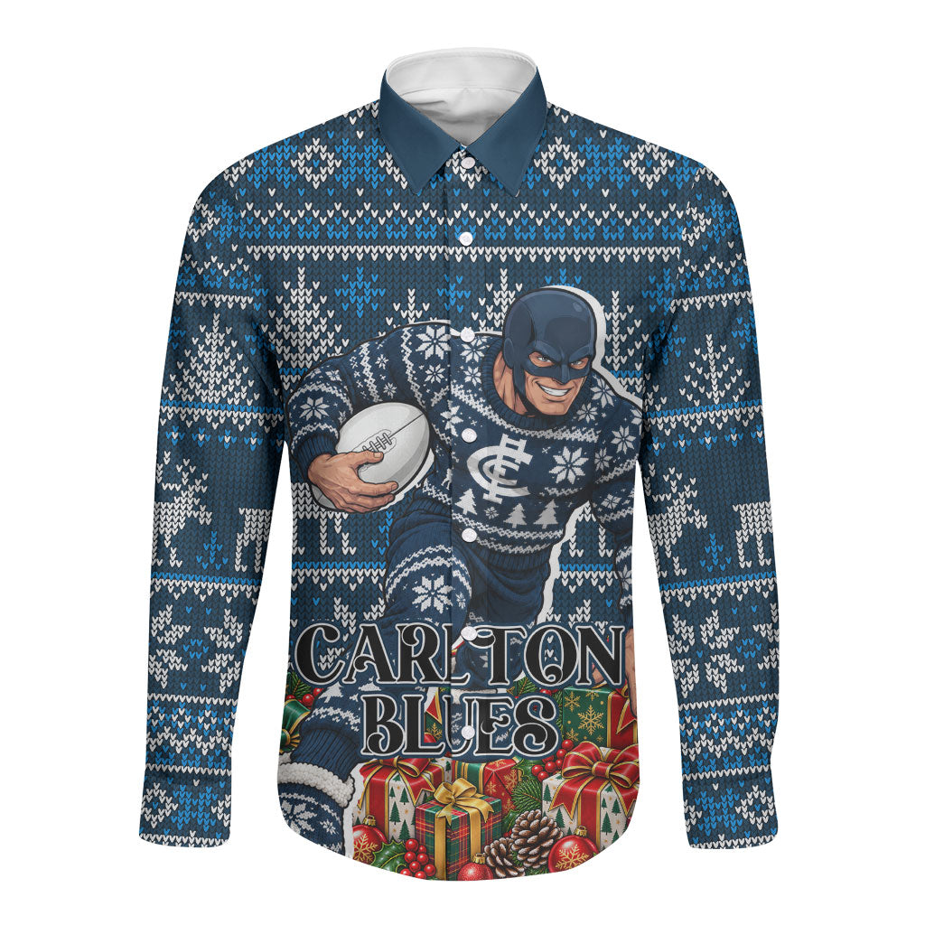 Personalized Carlton Blues Football Christmas Long Sleeve Button Shirt Australian Football Mascot - Ugly Xmas Pattern Festive