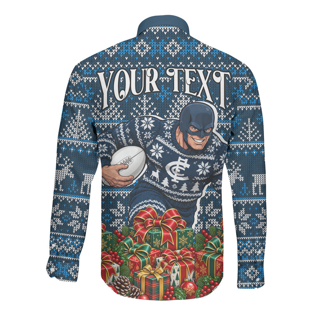 Personalized Carlton Blues Football Christmas Long Sleeve Button Shirt Australian Football Mascot - Ugly Xmas Pattern Festive