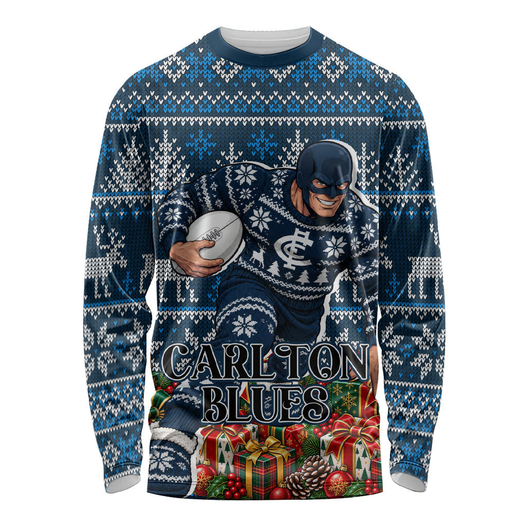 Personalized Carlton Blues Football Christmas Long Sleeve Shirt Australian Football Mascot - Ugly Xmas Pattern Festive