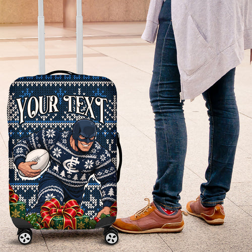 Personalized Carlton Blues Football Christmas Luggage Cover Australian Football Mascot - Ugly Xmas Pattern Festive