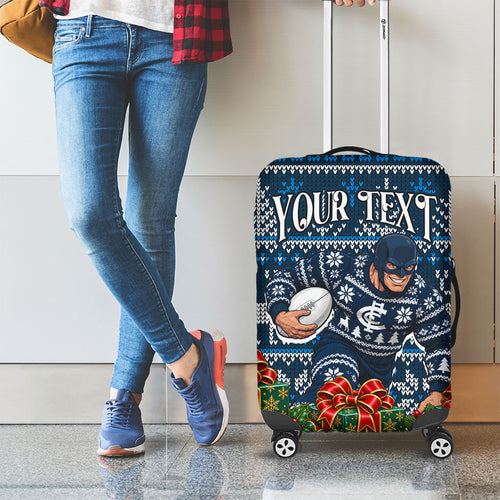 Personalized Carlton Blues Football Christmas Luggage Cover Australian Football Mascot - Ugly Xmas Pattern Festive
