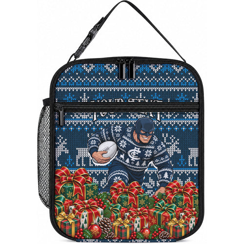 Personalized Carlton Blues Football Christmas Lunch Bag Australian Football Mascot - Ugly Xmas Pattern Festive