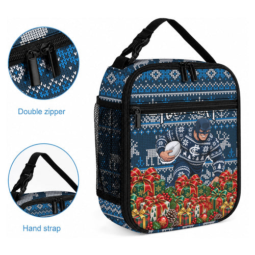 Personalized Carlton Blues Football Christmas Lunch Bag Australian Football Mascot - Ugly Xmas Pattern Festive