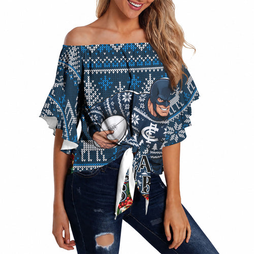 Personalized Carlton Blues Football Christmas Off Shoulder Wrap Waist Top Australian Football Mascot - Ugly Xmas Pattern Festive