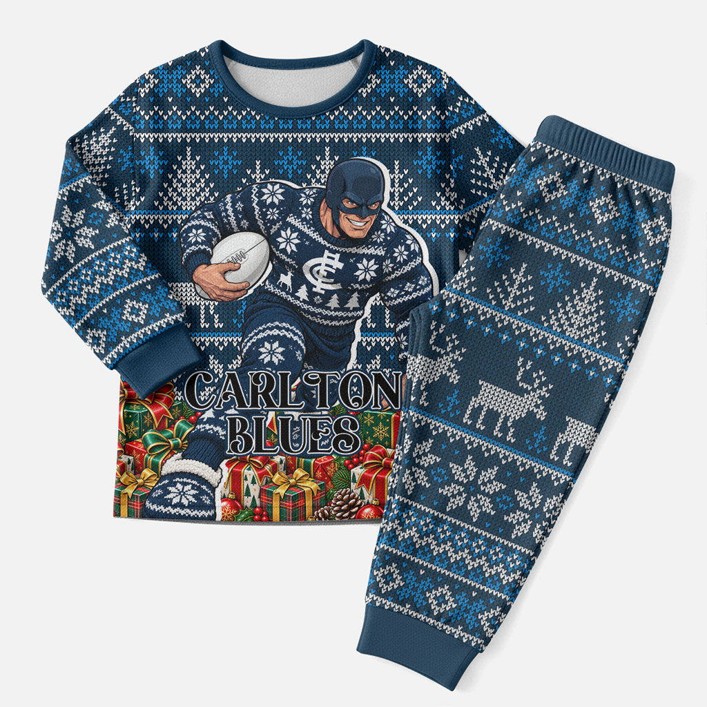 Personalized Carlton Blues Football Christmas Pajama Set Australian Football Mascot - Ugly Xmas Pattern Festive