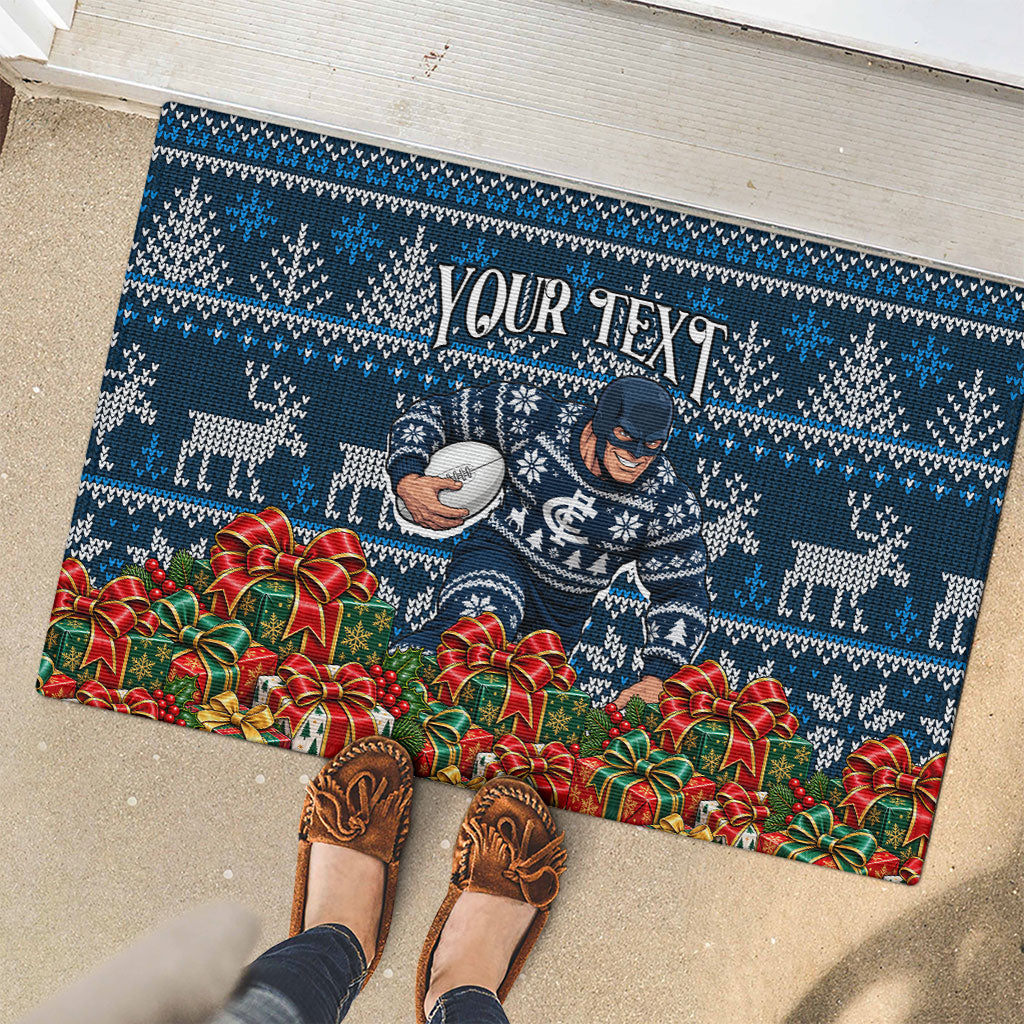 Personalized Carlton Blues Football Christmas Rubber Doormat Australian Football Mascot - Ugly Xmas Pattern Festive