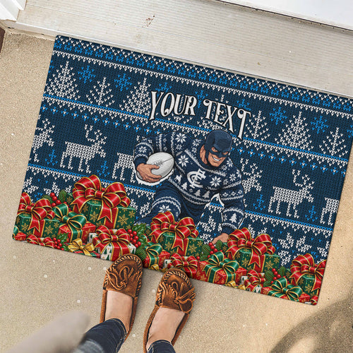 Personalized Carlton Blues Football Christmas Rubber Doormat Australian Football Mascot - Ugly Xmas Pattern Festive