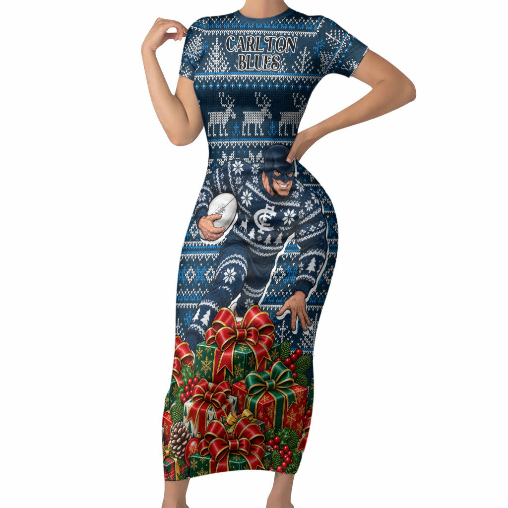 Personalized Carlton Blues Football Christmas Short Sleeve Bodycon Dress Australian Football Mascot - Ugly Xmas Pattern Festive
