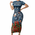 Personalized Carlton Blues Football Christmas Short Sleeve Bodycon Dress Australian Football Mascot - Ugly Xmas Pattern Festive