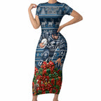 Personalized Carlton Blues Football Christmas Short Sleeve Bodycon Dress Australian Football Mascot - Ugly Xmas Pattern Festive